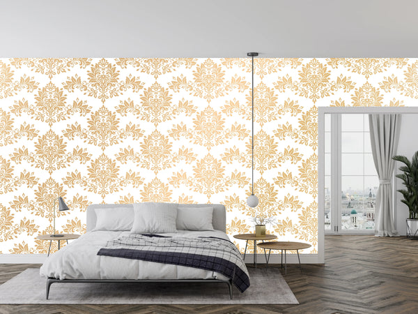 Gold Damask Wallpaper, Seamless Pattern Mural, Oversized Custom Size Wall Art, Non-Woven, Non-Adhesive, Modern Wall Paper, Removable