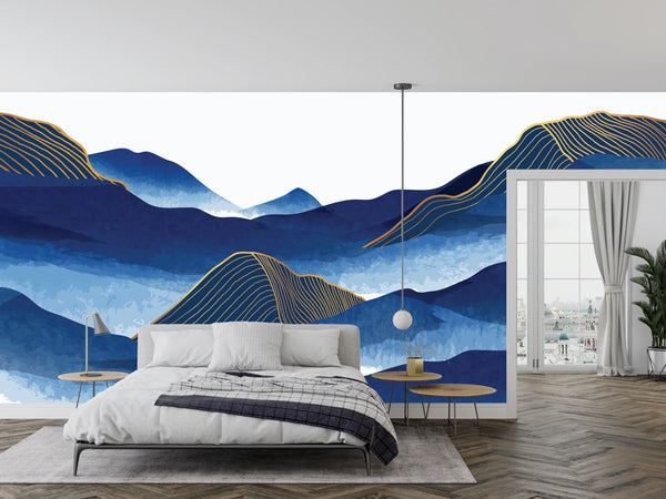 Blue Mountain Wallpaper, Golden Lines Mural, Oversized Custom Size Wall Art, Non-Woven, Non-Adhesive, Modern Wall Paper, Removable