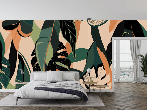 Modern Exotic Wallpaper, Jungle Plants Mural, Oversized Custom Size Wall Art, Non-Woven, Non-Adhesive, Modern Wall Paper, Removable