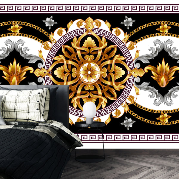 Golden Baroque Wallpaper, Black Background Mural, Oversized Custom Size Wall Art, Non-Woven, Non-Adhesive, Modern Wall Paper, Removable