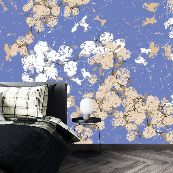 Abstract Floral, Blue Background Wallpaper, Seamless Pattern Mural, Oversized Custom Size Wall Art, Non-Woven, Non-Adhesive, Modern Wall Paper, Removable
