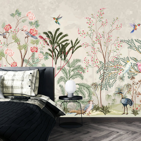 Blossom Trees Wallpaper, Sparrows Mural, Oversized Custom Size Wall Art, Non-Woven, Non-Adhesive, Modern Wall Paper, Removable