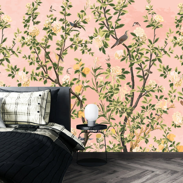 Garden of Peonies Wallpaper, Birds, Floral Mural, Oversized Custom Size Wall Art, Non-Woven, Non-Adhesive, Modern Wall Paper, Removable