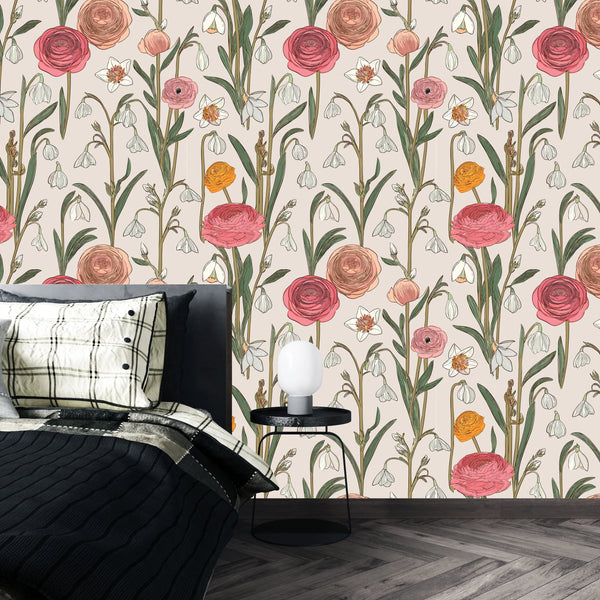 Abstract Handmade Floral Wallpaper, Seamless Pattern Mural, Oversized Custom Size Wall Art, Non-Woven, Non-Adhesive, Modern Wall Paper, Removable