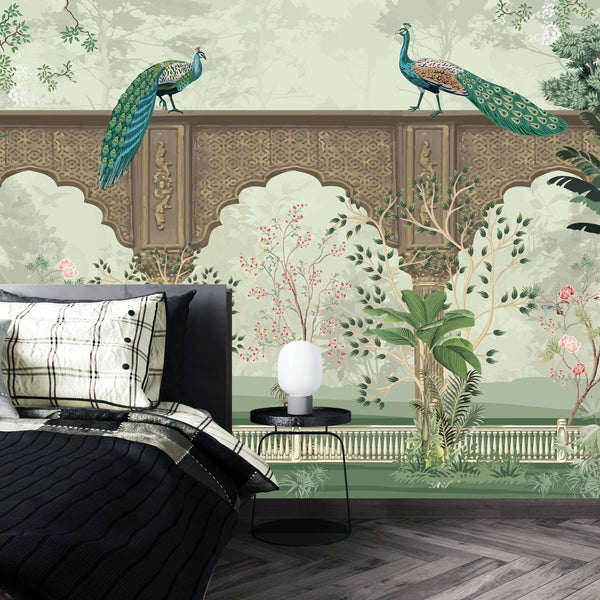 Traditional Mughal Garden Wallpaper, Peacock, Brown Arch Mural, Oversized Custom Size Wall Art, Non-Woven, Non-Adhesive, Modern Wall Paper, Removable