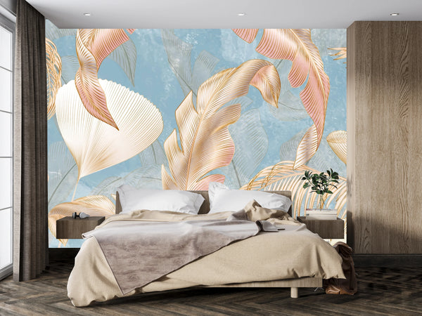 Golden Palms Wallpaper, Blue Background Mural, Oversized Custom Size Wall Art, Non-Woven, Non-Adhesive, Modern Wall Paper, Removable