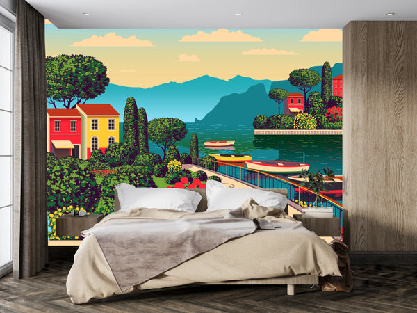 Mediterranean Romantic Landscape Wallpaper, Handmade Drawing Mural, Oversized Custom Size Wall Art, Non-Woven, Non-Adhesive, Modern Wall Paper, Removable