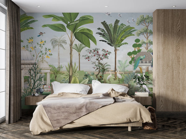 Mughal Garden-Dome Wallpaper, Birds Wall Mural, Oversized Custom Size Wall Art, Non-Woven, Non-Adhesive, Modern Wall Paper, Removable