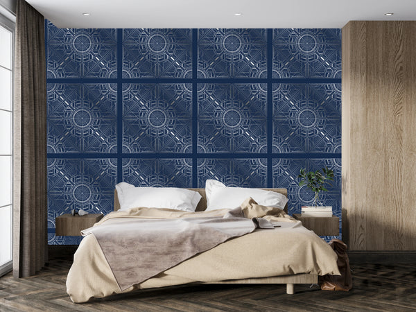 Silver Art Deco Wallpaper, Dark Blue Background Mural, Oversized Custom Size Wall Art, Non-Woven, Non-Adhesive, Modern Wall Paper, Removable