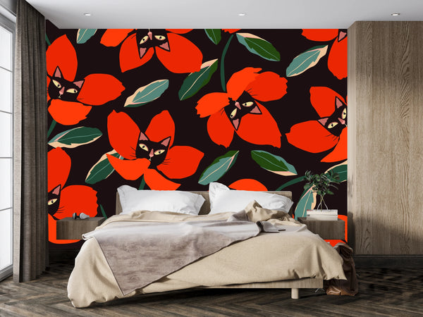 Red Floral, Kittens Wallpaper, Seamless Pattern Mural, Oversized Custom Size Wall Art, Non-Woven, Non-Adhesive, Modern Wall Paper, Removable