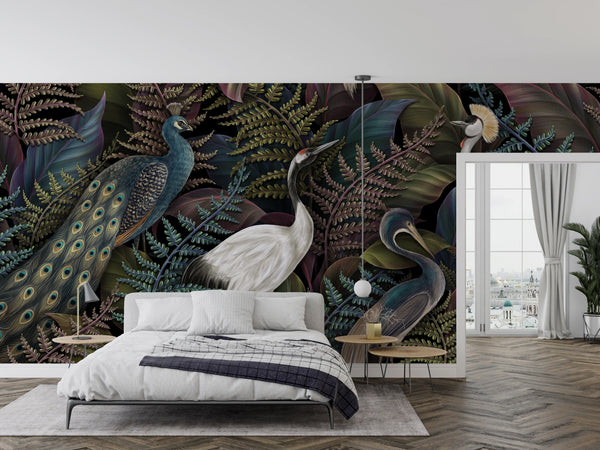 Royal Birds Wallpaper, Tropical Seamless Background Mural, Oversized Custom Size Wall Art, Non-Woven, Non-Adhesive, Modern Wall Paper, Removable
