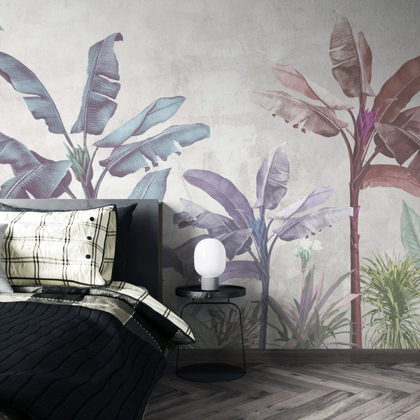 Soft Color Tropical Leaves Wallpaper, Banana Trees Mural, Oversized Custom Size Wall Art, Non-Woven, Non-Adhesive, Modern Wall Paper, Removable