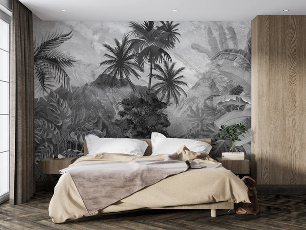 Black and White Jungle Wallpaper, Exotic Trees Mural, Oversized Custom Size Wall Art, Non-Woven, Non-Adhesive, Modern Wall Paper, Removable