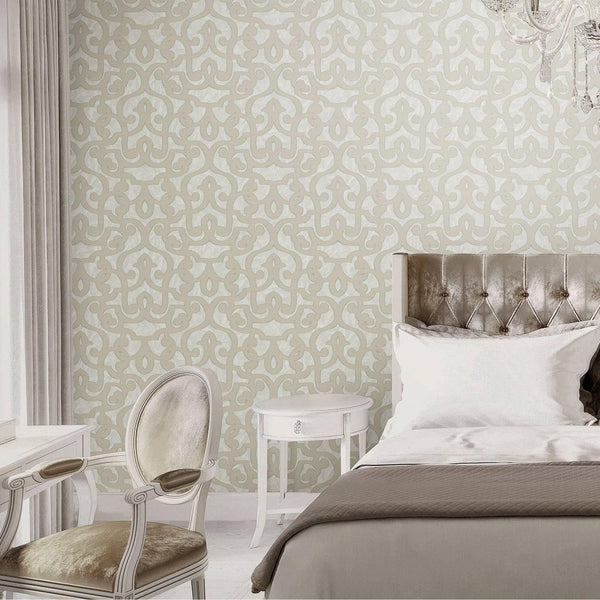 Beige Lace Trellis Wallpaper, Shiny Silver Gold Patterns Faded Colors Damask Design - Adawall Wallpaper - Registered Trade Accounts Only, Wallpaper Wholesale Account - 7810-2 - Adawall Wholesale - Wallpaper Wholesaler