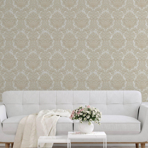 Beige Rich Baroque Damask Wallpaper Deep Embossed Shimmering Vintage Design - Walloro High End Wallcoverings & More