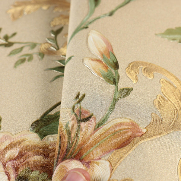 Beige Timeless Floral Embossed Rose Wallpaper, Flocked Vivid Color Rose Flowers Pattern - Walloro High End Wallcoverings & More