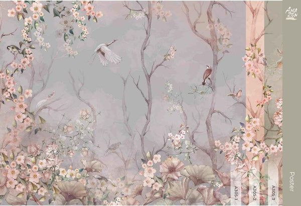 Birds Trees Nature Scene Wallpaper, Tropical Botanical Wall Mural, Gray Customized Wallpaper, Home Decor, Bedroom, Store, Forest Large Wall Art - Adawall Wallpaper - Registered Trade Accounts Only, Wallpaper Wholesale Account - A305-1 - Adawall Wholesale - Wallpaper Wholesaler