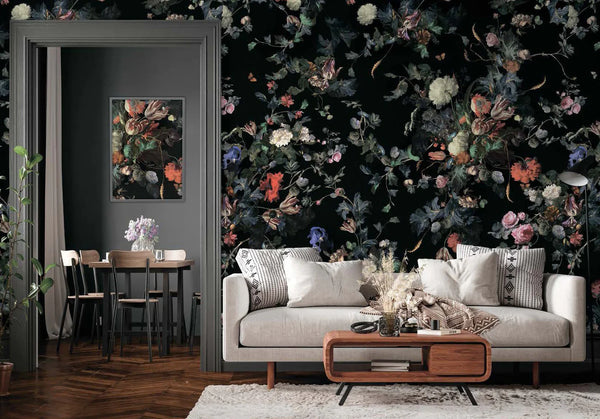 Black Large Peony Floral Wall Mural, Floral Flowers Wallpaper, Oversized Elegant Custom Size Wall Art, Non-Woven, Non-Pasted, Removable - Walloro High End Wallcoverings & More
