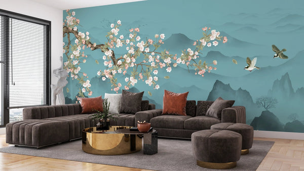 Blue Chinoiserie Wallpaper, Tree and Birds Mural, Oversized Custom Size Wall Art, Non - Woven, Non - Adhesive, Modern Wall Paper, Removable - Adawall Wallpaper - Registered Trade Accounts Only, Wallpaper Wholesale Account - W78159 - Adawall Wholesale - Wallpaper Wholesaler