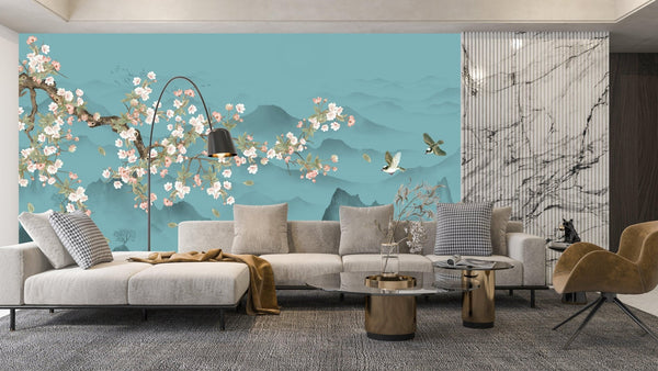Blue Chinoiserie Wallpaper, Tree and Birds Mural, Oversized Custom Size Wall Art, Non - Woven, Non - Adhesive, Modern Wall Paper, Removable - Adawall Wallpaper - Registered Trade Accounts Only, Wallpaper Wholesale Account - W78159 - Adawall Wholesale - Wallpaper Wholesaler