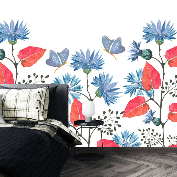 Blue Flowers, Red Leaves Wallpaper, Seamless Pattern Mural, Oversized Custom Size Wall Art, Non - Woven, Non - Adhesive, Modern Wall Paper, Removable - Adawall Wallpaper - Registered Trade Accounts Only, Wallpaper Wholesale Account - W78015 - Adawall Wholesale - Wallpaper Wholesaler