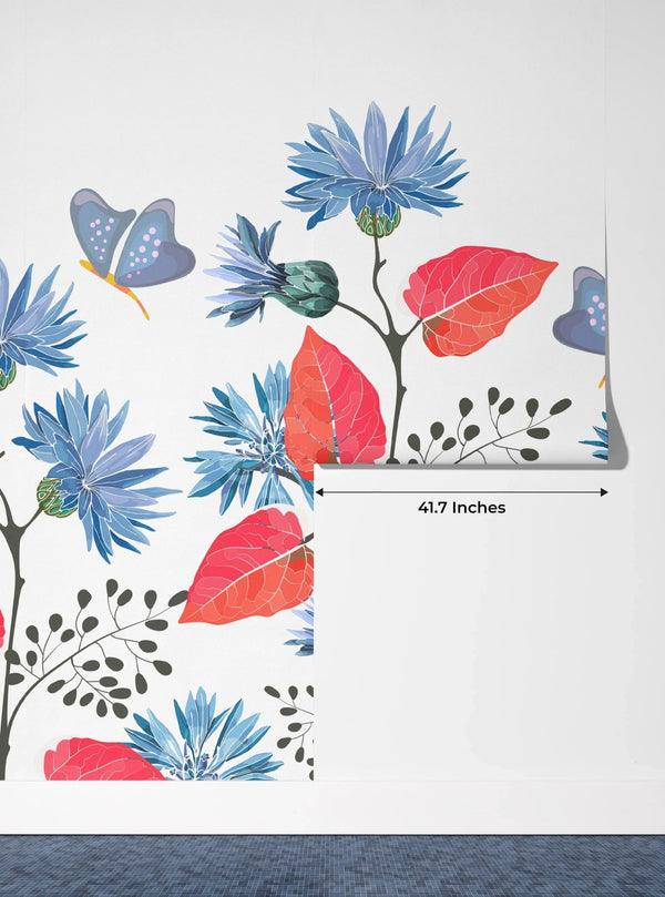 Blue Flowers, Red Leaves Wallpaper, Seamless Pattern Mural, Oversized Custom Size Wall Art, Non - Woven, Non - Adhesive, Modern Wall Paper, Removable - Adawall Wallpaper - Registered Trade Accounts Only, Wallpaper Wholesale Account - W78015 - Adawall Wholesale - Wallpaper Wholesaler