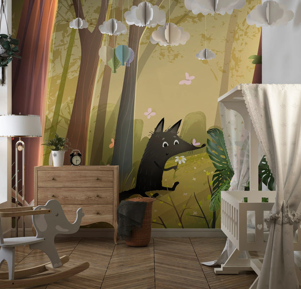 Cute Wild Forest Wallpaper, Wolf and Bunnies Mural, Oversized Custom Size Wall Art, Non-Woven, Non-Adhesive, Modern Wall Paper, Removable