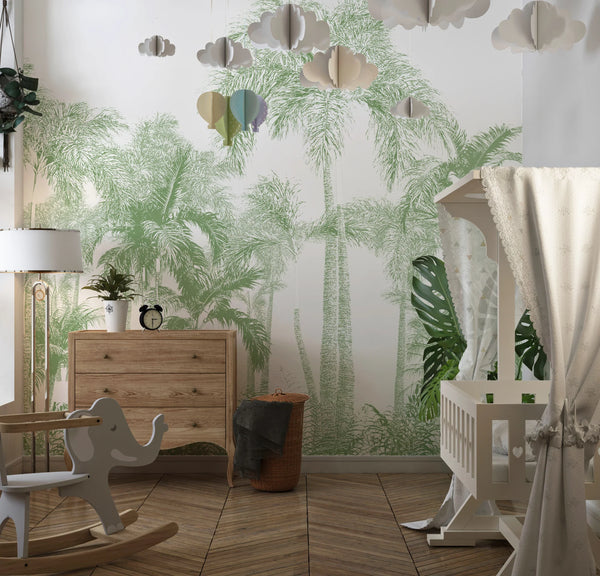 Tropical Green Trees Wallpaper, White Background Mural, Oversized Custom Size Wall Art, Non-Woven, Non-Adhesive, Modern Wall Paper, Removable