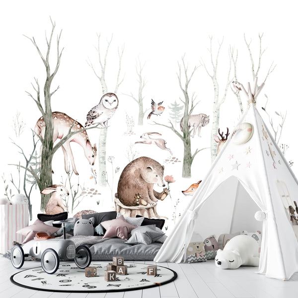 Cute Animals, Trees Wallpaper, White Background Mural, Oversized Custom Size Wall Art, Non-Woven, Non-Adhesive, Modern Wall Paper, Removable
