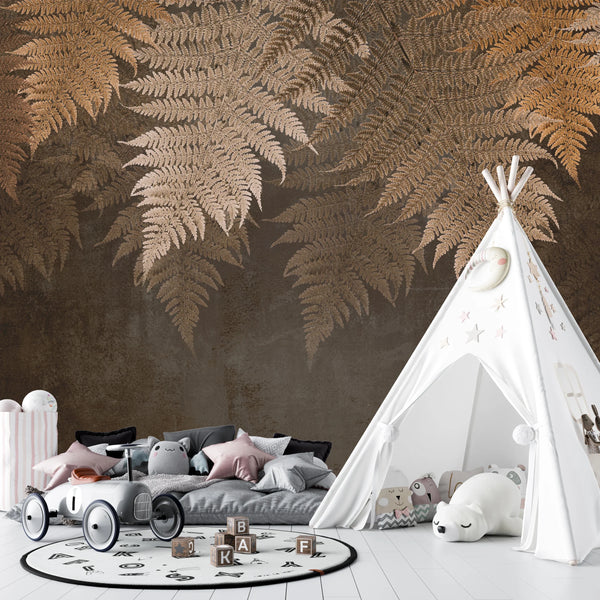 Tropical Leaves Wallpaper, Brown Tones Mural, Oversized Custom Size Wall Art, Non-Woven, Non-Adhesive, Modern Wall Paper, Removable