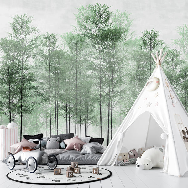 Trees Wallpaper, Foggy Forest Mural, Oversized Custom Size Wall Art, Non-Woven, Non-Adhesive, Modern Wall Paper, Removable