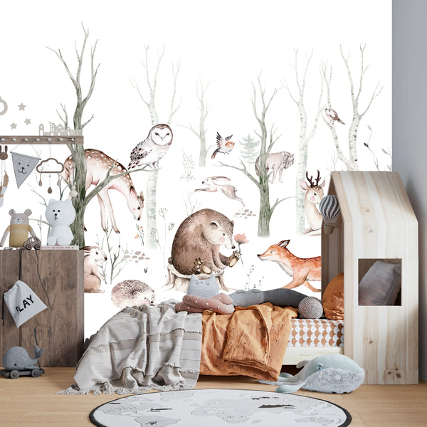 Cute Animals, Trees Wallpaper, White Background Mural, Oversized Custom Size Wall Art, Non-Woven, Non-Adhesive, Modern Wall Paper, Removable