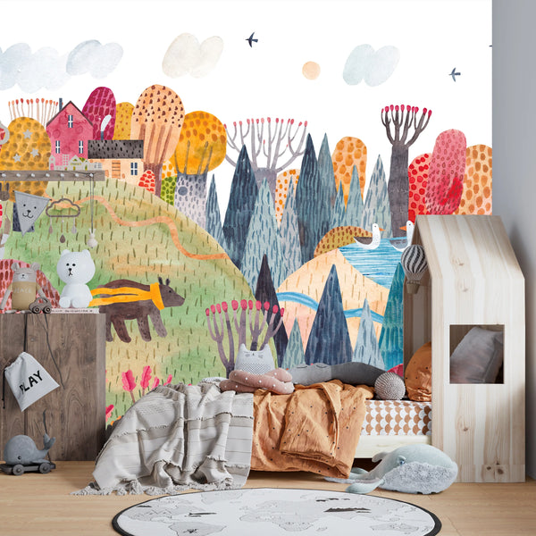 Bright Autumn Wallpaper, Village Mural, Oversized Custom Size Wall Art, Non-Woven, Non-Adhesive, Modern Wall Paper, Removable