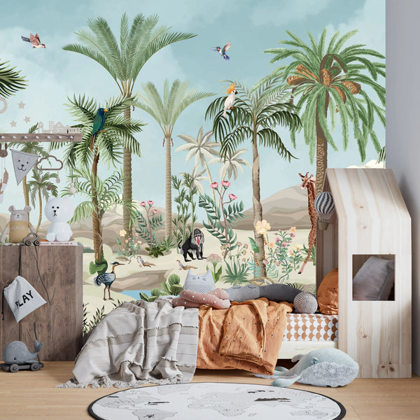 Tropic Animals Wallpaper, Palms and Plants Mural, Oversized Custom Size Wall Art, Non-Woven, Non-Adhesive, Modern Wall Paper, Removable