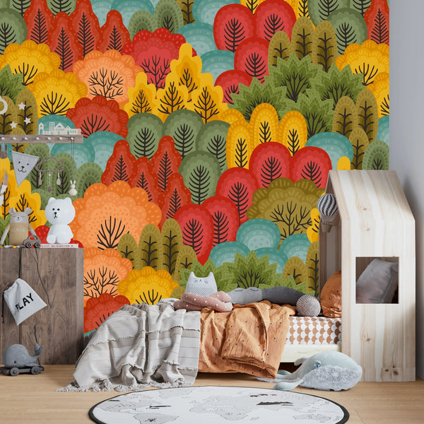 Autumn Forest, Trees Wallpaper, Seamless Pattern Mural, Oversized Custom Size Wall Art, Non-Woven, Non-Adhesive, Modern Wall Paper, Removable
