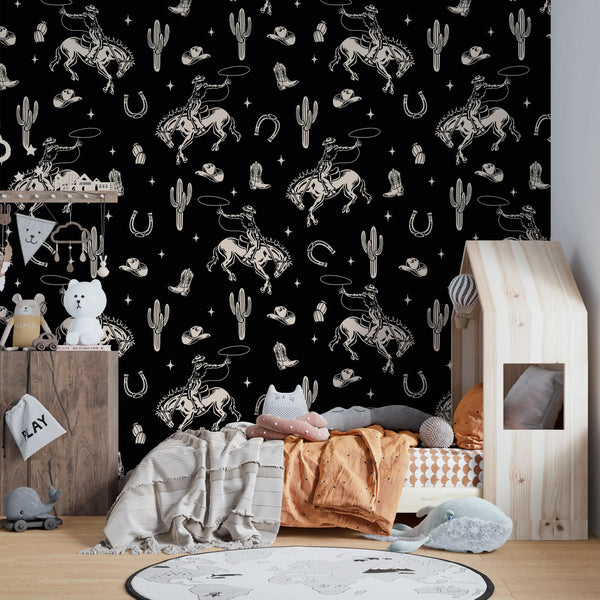 Western Themed Wallpaper, Black and White Seamless Pattern Mural, Oversized Custom Size Wall Art, Non-Woven, Non-Adhesive, Modern Wall Paper, Removable