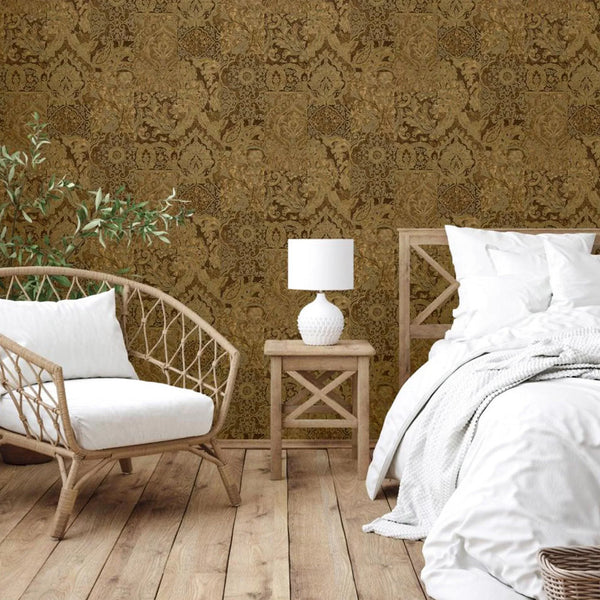Brown Elegant Patchwork Deep Embossed Wallpaper, 3D Textured Luxury Damask Wallcovering - Walloro High End Wallcoverings & More