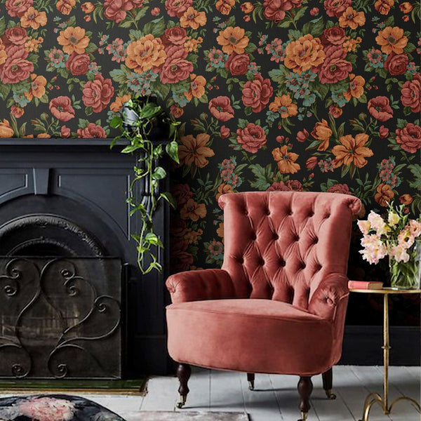 Charming Floral Deep Embossed Wallpaper, Black Red Bloom Blossom Flower Design Interior Wall Decor - Walloro High End Wallcoverings & More