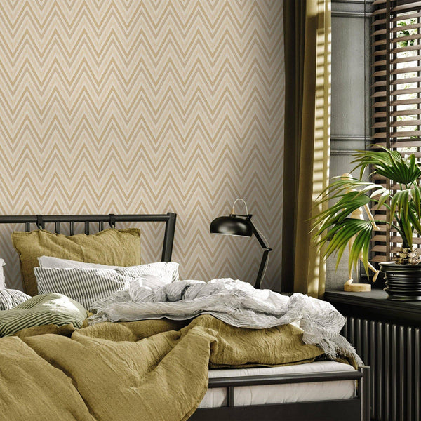 Chevron Wallpaper, Cream, Gold Geometric Deep Embossed Zigzag Pattern Geometric Wallcovering - Walloro High End Wallcoverings & More