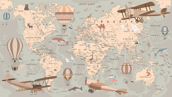 Childrens World Map Wallpaper, Retro Mural, Oversized Custom Size Wall Art, Non - Woven, Non - Adhesive, Modern Wall Paper, Removable - Adawall Wallpaper - Registered Trade Accounts Only, Wallpaper Wholesale Account - W77649 - Adawall Wholesale - Wallpaper Wholesaler