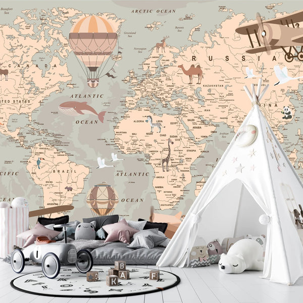 Childrens World Map Wallpaper, Retro Mural, Oversized Custom Size Wall Art, Non - Woven, Non - Adhesive, Modern Wall Paper, Removable - Adawall Wallpaper - Registered Trade Accounts Only, Wallpaper Wholesale Account - W77649 - Adawall Wholesale - Wallpaper Wholesaler
