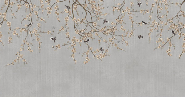 Chinoiserie Birds Floral Wall Mural, Gray Flowers Blossom Wallpaper, Large, Oversized Elegant Custom Size Wall Art, Non-Woven, Non-Pasted, Modern - Walloro High End Wallcoverings & More