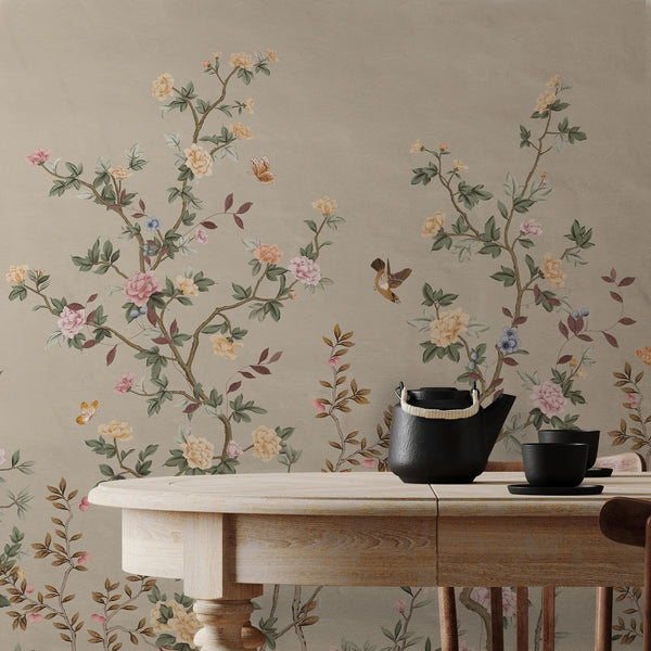 Chinoiserie Floral Blossoms Wall Mural, Green Botanical Tree Flowers Wallpaper, Custom Size Wall Covering, Non - Woven, Non - Adhesive, Removable, Washable - Adawall Wallpaper - Registered Trade Accounts Only, Wallpaper Wholesale Account - FJ303-3 - Adawall Wholesale - Wallpaper Wholesaler