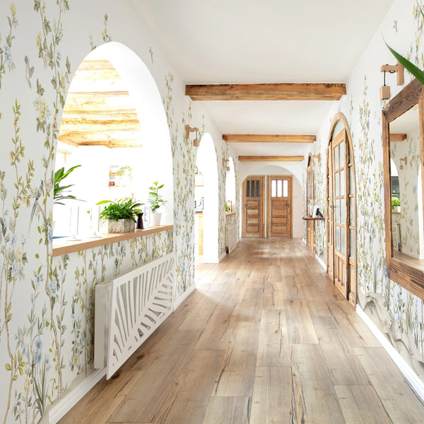 Chinoiserie Floral Blossoms Wall Mural, White Botanical Tree Flowers Wallpaper, Custom Size Wall Covering, Non - Woven, Non - Adhesive, Removable, Washable - Adawall Wallpaper - Registered Trade Accounts Only, Wallpaper Wholesale Account - FJ303-1 - Adawall Wholesale - Wallpaper Wholesaler