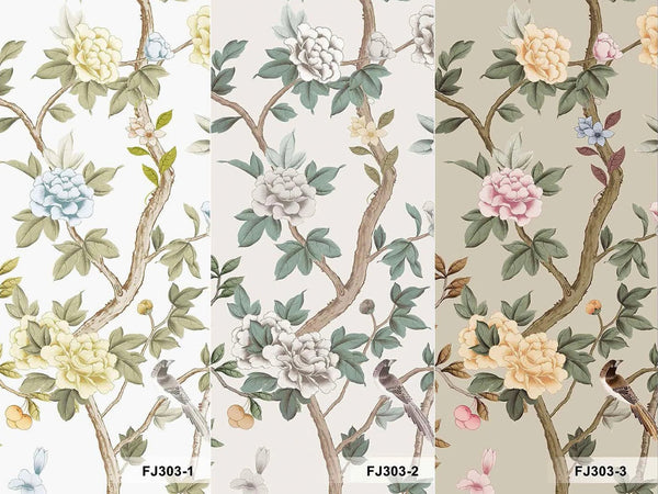 Chinoiserie Floral Blossoms Wall Mural, White Botanical Tree Flowers Wallpaper, Custom Size Wall Covering, Non - Woven, Non - Adhesive, Removable, Washable - Adawall Wallpaper - Registered Trade Accounts Only, Wallpaper Wholesale Account - FJ303-1 - Adawall Wholesale - Wallpaper Wholesaler