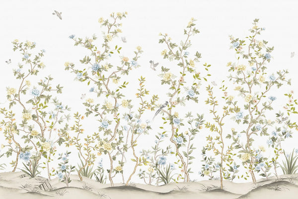 Chinoiserie Floral Blossoms Wall Mural, White Botanical Tree Flowers Wallpaper, Custom Size Wall Covering, Non - Woven, Non - Adhesive, Removable, Washable - Adawall Wallpaper - Registered Trade Accounts Only, Wallpaper Wholesale Account - FJ303-1 - Adawall Wholesale - Wallpaper Wholesaler