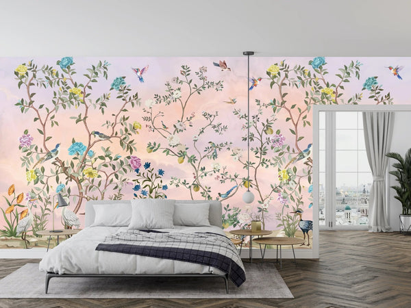 Chinoiserie Wallpaper, Floral Trees Mural, Oversized Custom Size Wall Art, Non - Woven, Non - Adhesive, Modern Wall Paper, Removable - Adawall Wallpaper - Registered Trade Accounts Only, Wallpaper Wholesale Account - W77716 - Adawall Wholesale - Wallpaper Wholesaler