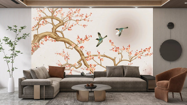 Chinoiserie Wallpaper, Tree and Birds Mural, Oversized Custom Size Wall Art, Non - Woven, Non - Adhesive, Modern Wall Paper, Removable - Adawall Wallpaper - Registered Trade Accounts Only, Wallpaper Wholesale Account - W78158 - Adawall Wholesale - Wallpaper Wholesaler