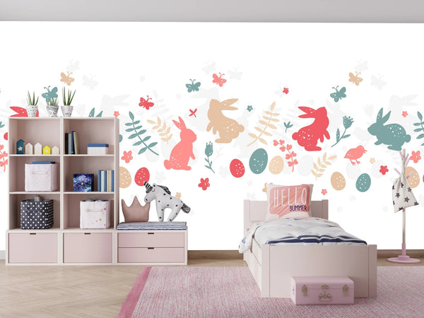Colorful Bunnies Wallpaper, Seamless Pattern Mural, Oversized Custom Size Wall Art, Non - Woven, Non - Adhesive, Modern Wall Paper, Removable - Adawall Wallpaper - Registered Trade Accounts Only, Wallpaper Wholesale Account - W78019 - Adawall Wholesale - Wallpaper Wholesaler