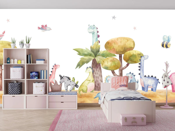 Colorful Dinosaurs, Trees Wallpaper, Seamless Pattern Mural, Oversized Custom Size Wall Art, Non - Woven, Non - Adhesive, Modern Wall Paper, Removable - Adawall Wallpaper - Registered Trade Accounts Only, Wallpaper Wholesale Account - W77953 - Adawall Wholesale - Wallpaper Wholesaler